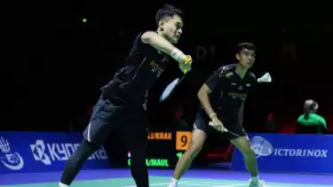 Ganda putra Indonesia Leo Rolly Carnando (kiri)/Bagas Maulana (kanan)