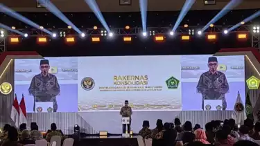 Kepala BP Haji Mochammad Irfan Yusuf di Rakornas Konsolidasi Penyelenggaraan Haji 2025 di Asrama Haji Bekasi, Rabu (23/4/2025)
