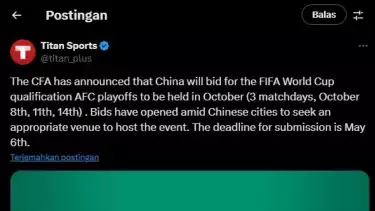 China ajukan diri jadi tuan rumah putaran keempat Kualifikasi Piala Dunia 2026 Zona Asia
