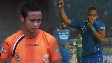 Atep Rizal mengenakan jersey Persija Jakarta dan Persib Bandung.