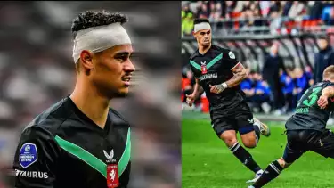 Kepala Mees Hilgers diperban karena benturan keras di pertandingan FC Twente menjamu AZ Alkmaar dalam lanjutan playoff Eredivisie 2024/2025.