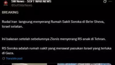 Salah satu akun media sosial X mengunggah video rudal Iran yang menghantam Rumah Sakit Soroka di Israel Selatan