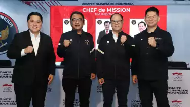 Erick Thohir bersama CdM Asian Youth Games 2025 Endri Irawan, CdM SEA Games Bayu Priawan Djokosoetono dan Ketua umum NOC Indonesia, Raja Sapta Oktohari