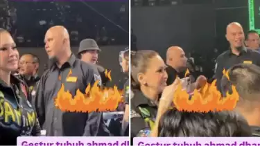 Ekspresi Maia Estianty saat bertemu Ahmad Dhani di ajang tinju yang mempertemukan putra mereka, El Rumi, melawan Jefri Nichol.