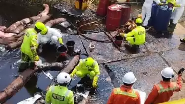 tumpahan minyak yang bocor dari pipa milik PT Vale Indonesia Tbk. di Desa Lioka, Kecamatan Towuti, Kabupaten Luwu Timur.