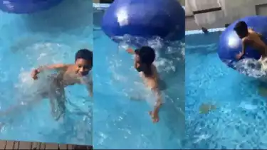 Seorang Remaja berenang di kolam renang pribadi rumah Ahmad Sahroni