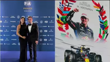 Potret Kelly Piquet saat mendamping Max Vertstappen di penghargaan empat kali menjadi juara dunia F1.