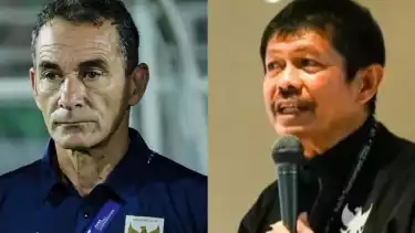 Mantan Direktur Teknik PSSI sekaligus eks pelatih Timnas U-20 Indonesia, Indra Sjafri dan Gerald Vanenburg, Pelatih Timnas Indonesia U-23