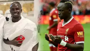 Sadio Mane saat melakukan ibadah umroh (kiri) dan sedang berdoa sebelum pertandingan di Liverpool (kanan)