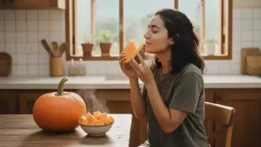 ilustrasi perempuan makan waluh kukus