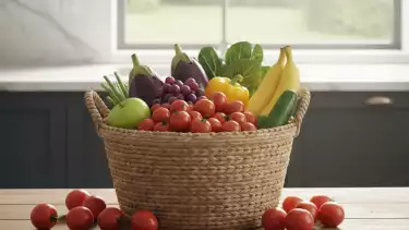 ilustrasi buah dan sayur dalam keranjang