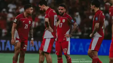 Para pemain tim nasional Indonesia pada laga Grup B putaran keempat Kualifikasi Piala Dunia 2026 zona Asia kontra Irak di Stadion King Abdullah Sports City, Jeddah, Sabtu (11/10).