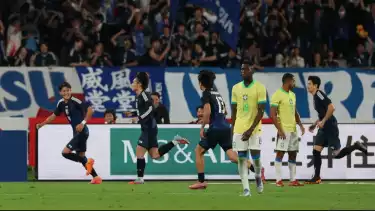 Ayase Ueda rayakan gol timnas Jepang kontra Brasil