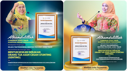 Gubernur Khofifah Raih Penghargaan BKKBN, Tegaskan Komitmen dan Konsistensi Turunkan Stunting di Jatim.