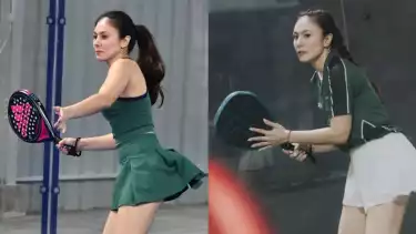 Wulan Guritno saat berolahraga padel