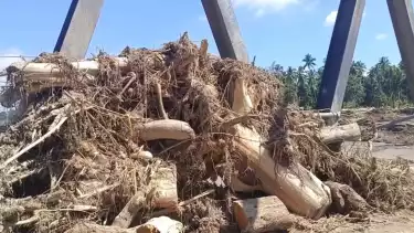 Tumpukan kayu gelondongan yang hanyut akibat banjir bandang di Aceh, Selasa (2/12/2025).