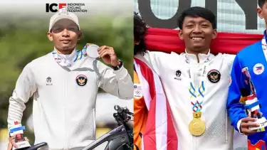 Rendy Varera Sanjaya saat mendapat medali perak (kiri) dan emas (kanan) di SEA Games 2025