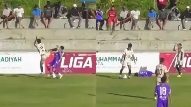 Aksi tendangan keras yang dilakukan pemain KAFI FC, Dwi Pilihanto Nugroho, kepada lawannya dalam laga Liga 4 Yogyakarta yang digelar Selasa (6/1/2026)