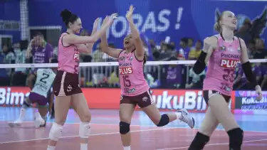 Selebrasi pemain Gresik Phonska Plus Pupuk Indonesia di Proliga 2026.