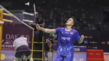 Tunggal putra Indonesia, Anthony Sinisuka Ginting saat beraksi di Indonesia Masters 2026.