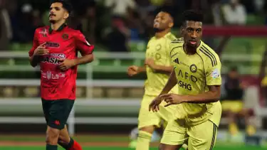 Kingsley Coman saat merayakan gol ketiga Al Nassr saat dijamu oleh Al Kholood, Sabtu (31/1/2026) dini hari WIB.