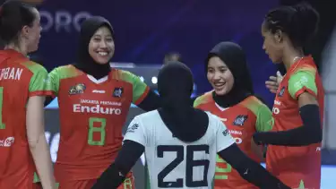 Megawati Hangestri bersama skuad Jakarta Pertamina Enduro di Proliga 2026 seri Bojonegoro.