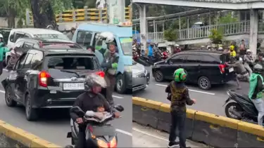 Viral mobil lawan arus dan menabrak pengendara motor di kemacetan Gunung Sahari