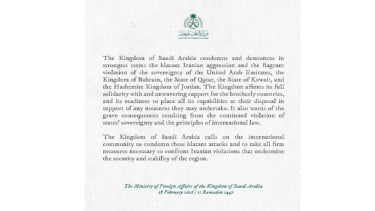 Arab Saudi Kecam Agresi Iran ke UEA, Bahrain, Qatar, Kuwait dan Yordania