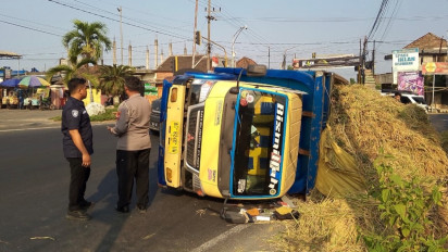 Truk Bermuatan Padi Terguling di Jombang, 13 Pekerja Sawah Dilarikan ke Rumah Sakit